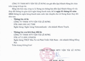 THÔNG BÁO THAY ĐỔI SỐ TÀI KHOẢN CÔNG TY TNHH MTV VẬN TẢI LÊ HƯNG
